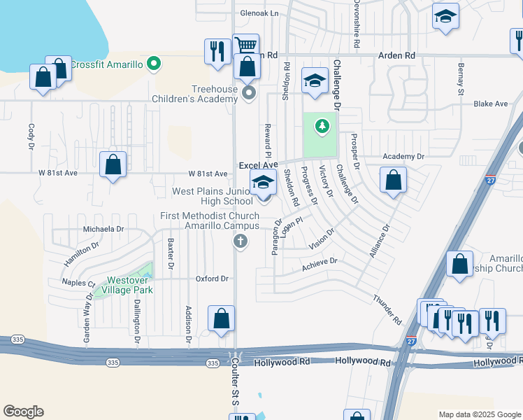 map of restaurants, bars, coffee shops, grocery stores, and more near 7200 Pinnacle Drive in Amarillo