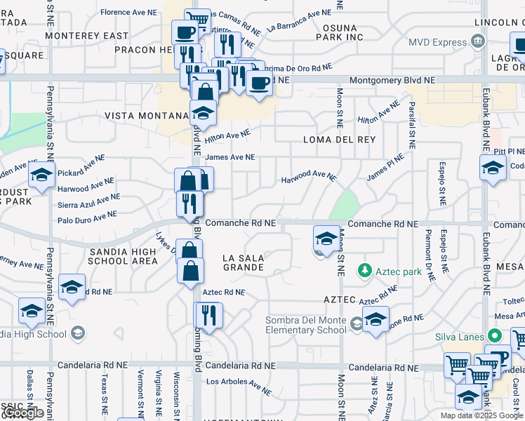 map of restaurants, bars, coffee shops, grocery stores, and more near 8632 Horacio Place Northeast in Albuquerque