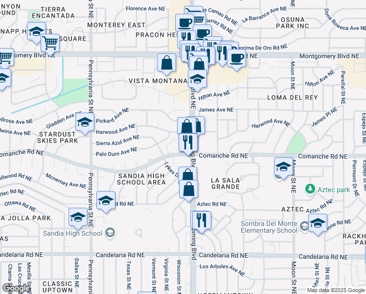 map of restaurants, bars, coffee shops, grocery stores, and more near 8333 Comanche Road Northeast in Albuquerque