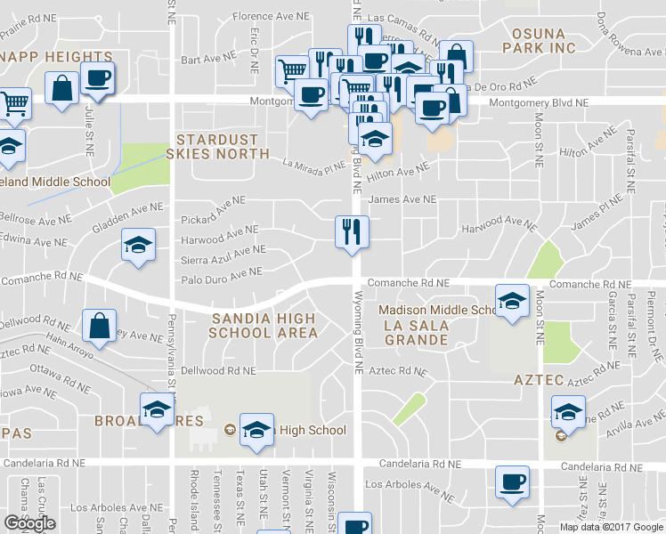 map of restaurants, bars, coffee shops, grocery stores, and more near 8333 Comanche Road Northeast in Albuquerque