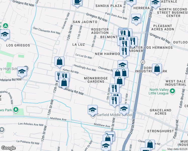 map of restaurants, bars, coffee shops, grocery stores, and more near 617 Aztec Road Northwest in Albuquerque