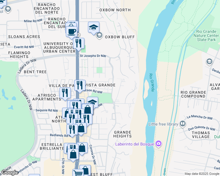 map of restaurants, bars, coffee shops, grocery stores, and more near 3720 Alamogordo Drive Northwest in Albuquerque