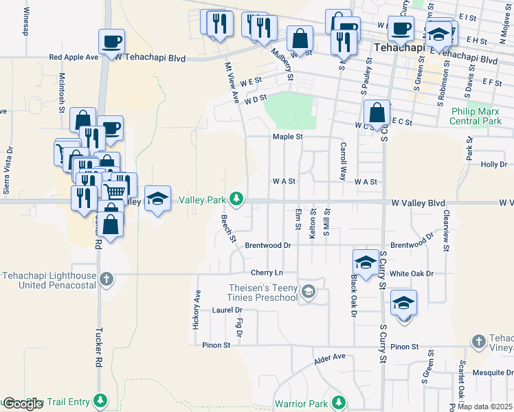 map of restaurants, bars, coffee shops, grocery stores, and more near 800 Aspen Drive in Tehachapi