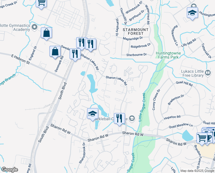 map of restaurants, bars, coffee shops, grocery stores, and more near 7941 Shady Oak Trail in Charlotte