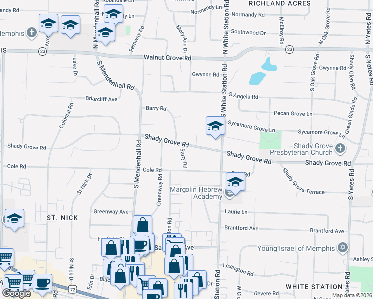 map of restaurants, bars, coffee shops, grocery stores, and more near 252 Barry Road in Memphis