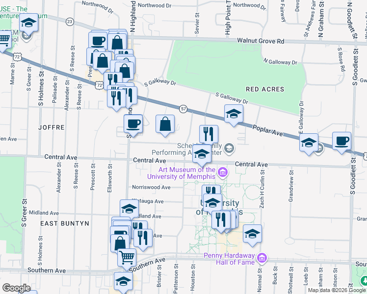 map of restaurants, bars, coffee shops, grocery stores, and more near 276 Patterson Street in Memphis