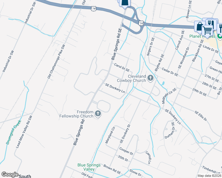 map of restaurants, bars, coffee shops, grocery stores, and more near 210 Southeast Dockery Lane in Cleveland