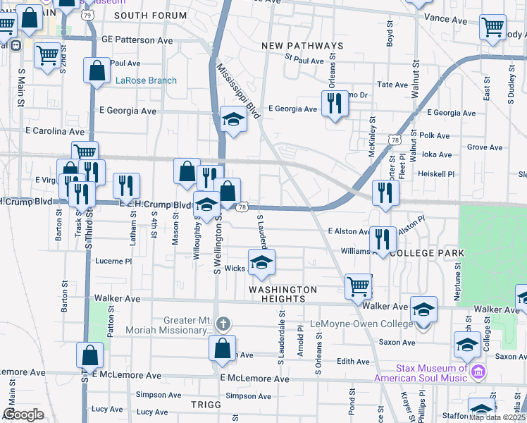 map of restaurants, bars, coffee shops, grocery stores, and more near in Memphis
