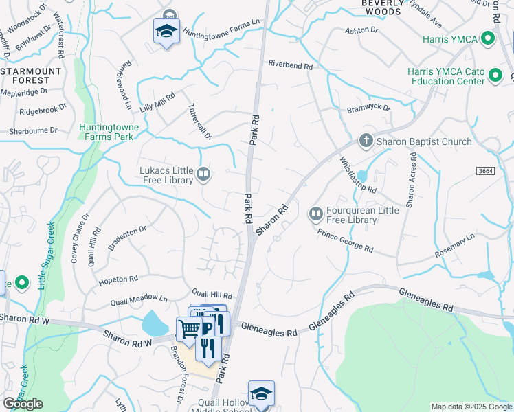 map of restaurants, bars, coffee shops, grocery stores, and more near 7917 Park Road in Charlotte
