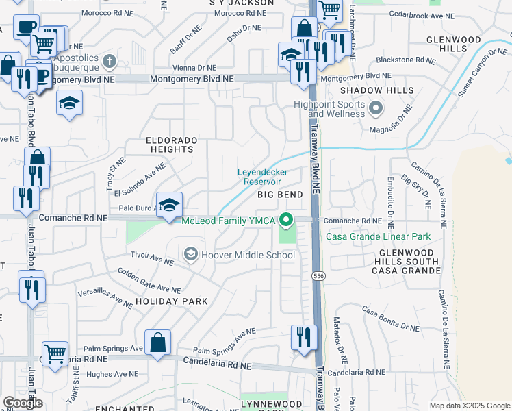 map of restaurants, bars, coffee shops, grocery stores, and more near 3705 Big Bend Road Northeast in Albuquerque