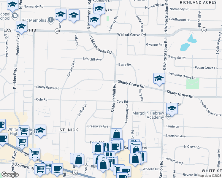 map of restaurants, bars, coffee shops, grocery stores, and more near 257 South Mendenhall Road in Memphis