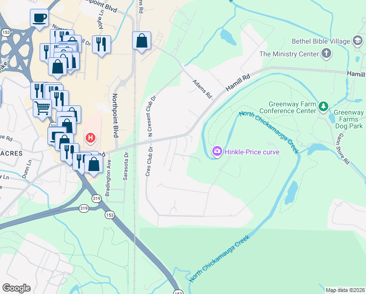 map of restaurants, bars, coffee shops, grocery stores, and more near 4943 Hamillville Court in Chattanooga