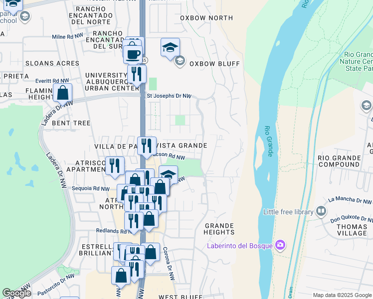 map of restaurants, bars, coffee shops, grocery stores, and more near 3701 Summit Park Road Northwest in Albuquerque