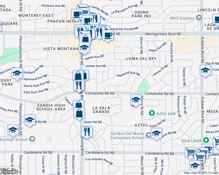 map of restaurants, bars, coffee shops, grocery stores, and more near 8632 Horacio Place Northeast in Albuquerque
