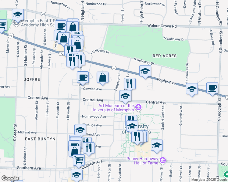 map of restaurants, bars, coffee shops, grocery stores, and more near 276 Patterson Street in Memphis