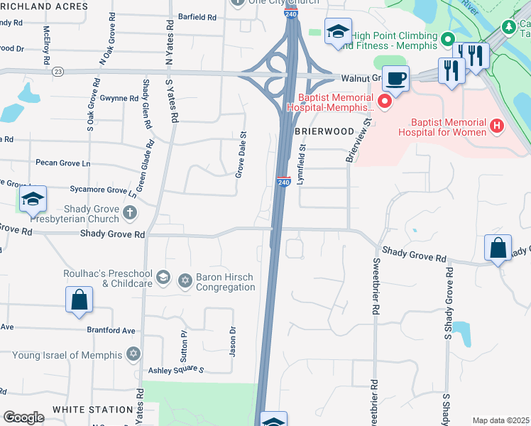map of restaurants, bars, coffee shops, grocery stores, and more near 5756 Shady Grove Road in Memphis