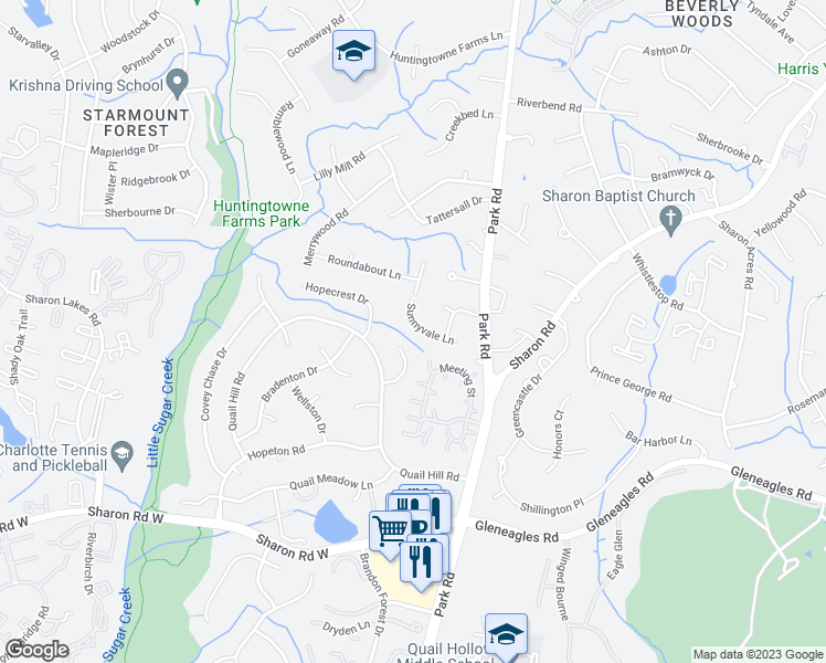 map of restaurants, bars, coffee shops, grocery stores, and more near 7928 Sunnyvale Lane in Charlotte