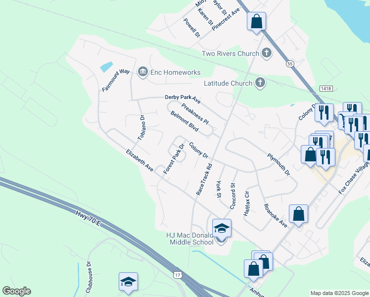 map of restaurants, bars, coffee shops, grocery stores, and more near 3596 Red Oak Drive in New Bern