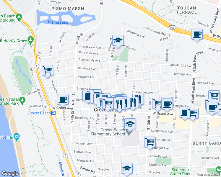 map of restaurants, bars, coffee shops, grocery stores, and more near 803 Brighton Avenue in Grover Beach