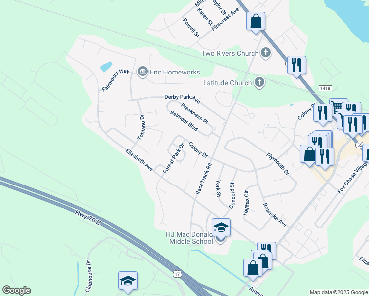 map of restaurants, bars, coffee shops, grocery stores, and more near 3596 Red Oak Drive in New Bern
