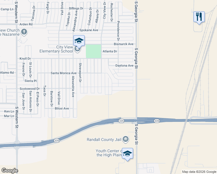 map of restaurants, bars, coffee shops, grocery stores, and more near 8300 City View Drive in Amarillo