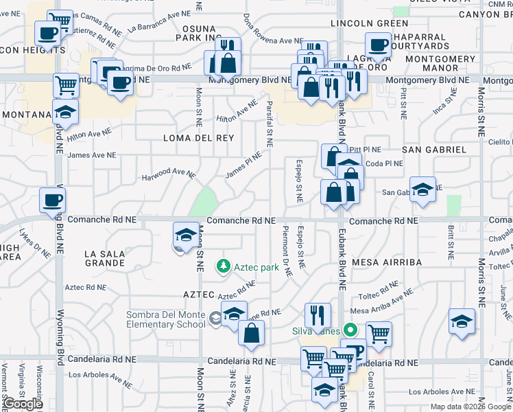 map of restaurants, bars, coffee shops, grocery stores, and more near 3720 Altez Street Northeast in Albuquerque