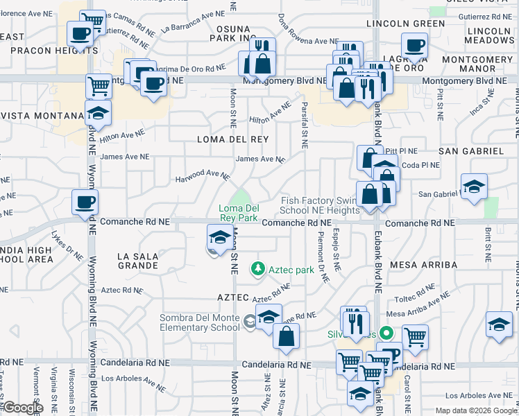 map of restaurants, bars, coffee shops, grocery stores, and more near 9112 Orlando Place Northeast in Albuquerque