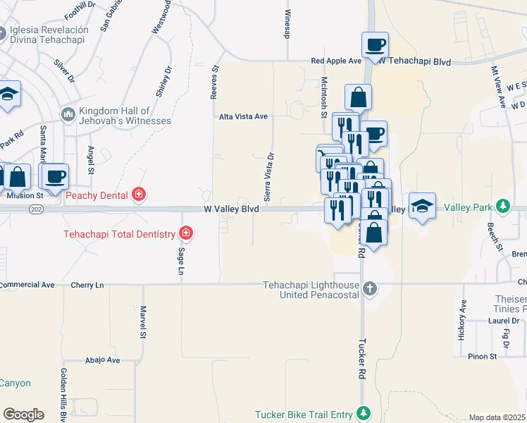 map of restaurants, bars, coffee shops, grocery stores, and more near California 202 in Tehachapi