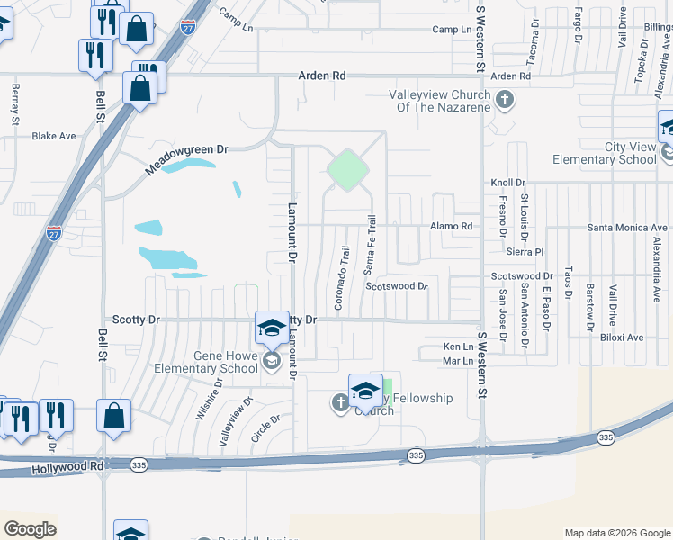 map of restaurants, bars, coffee shops, grocery stores, and more near 8118 Coronado Trail in Amarillo