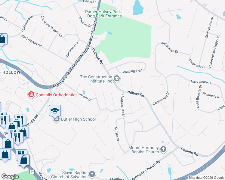 map of restaurants, bars, coffee shops, grocery stores, and more near 2728 Kilmarnock Court in Matthews