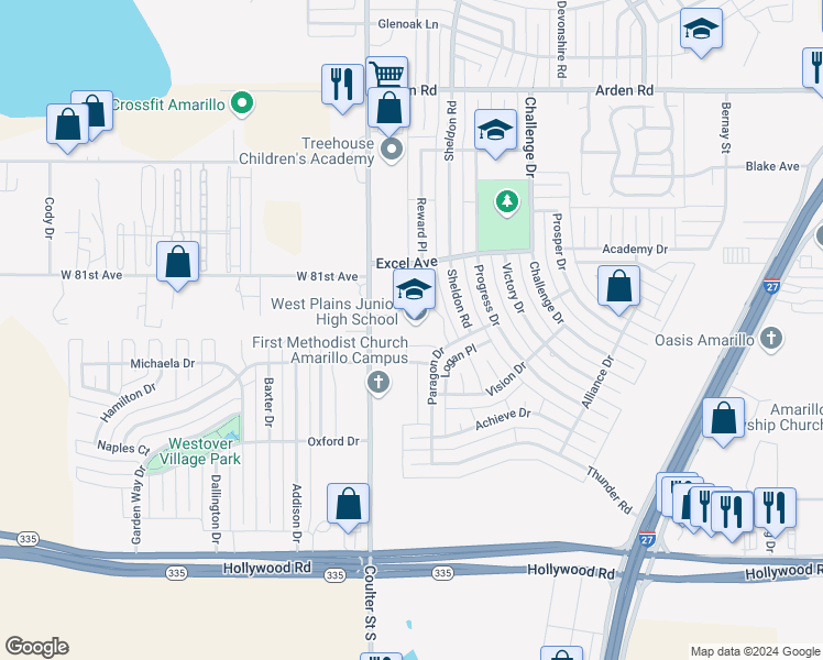 map of restaurants, bars, coffee shops, grocery stores, and more near 7200 Pinnacle Drive in Amarillo