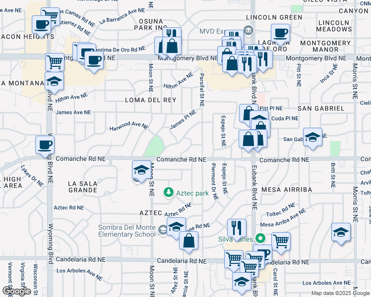 map of restaurants, bars, coffee shops, grocery stores, and more near 3720 Altez Street Northeast in Albuquerque