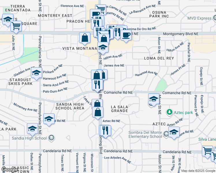 map of restaurants, bars, coffee shops, grocery stores, and more near 3613 General Bradley Street Northeast in Albuquerque