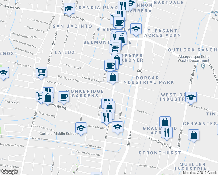 map of restaurants, bars, coffee shops, grocery stores, and more near in Albuquerque