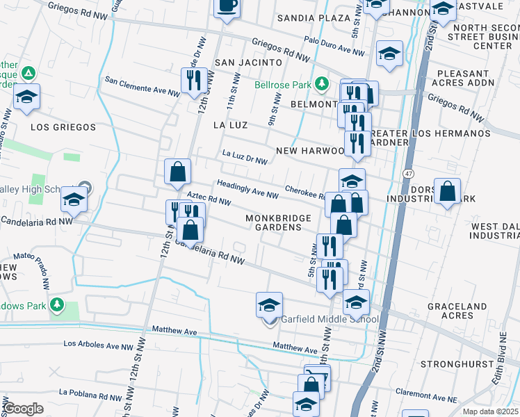 map of restaurants, bars, coffee shops, grocery stores, and more near 902 Aztec Road Northwest in Albuquerque