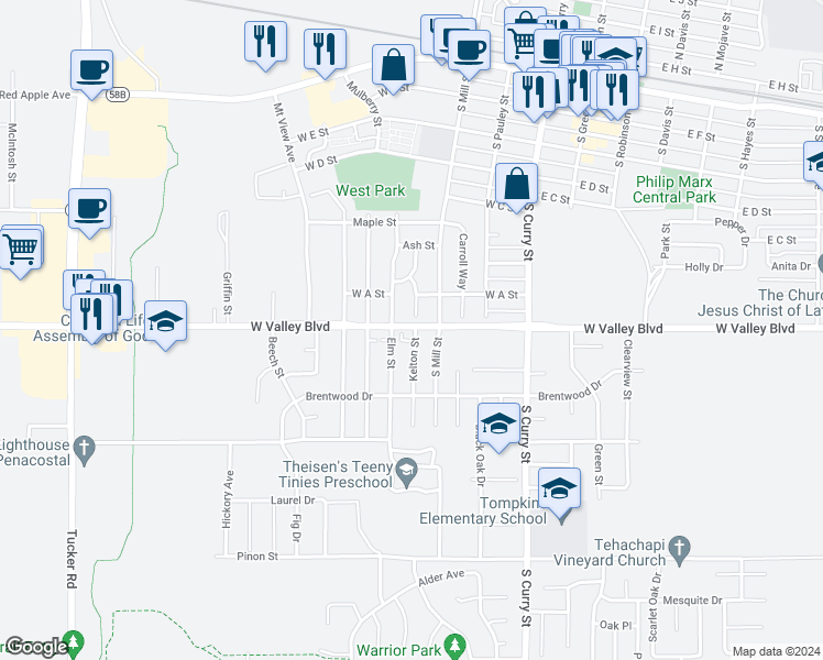 map of restaurants, bars, coffee shops, grocery stores, and more near 804 Elm Street in Tehachapi