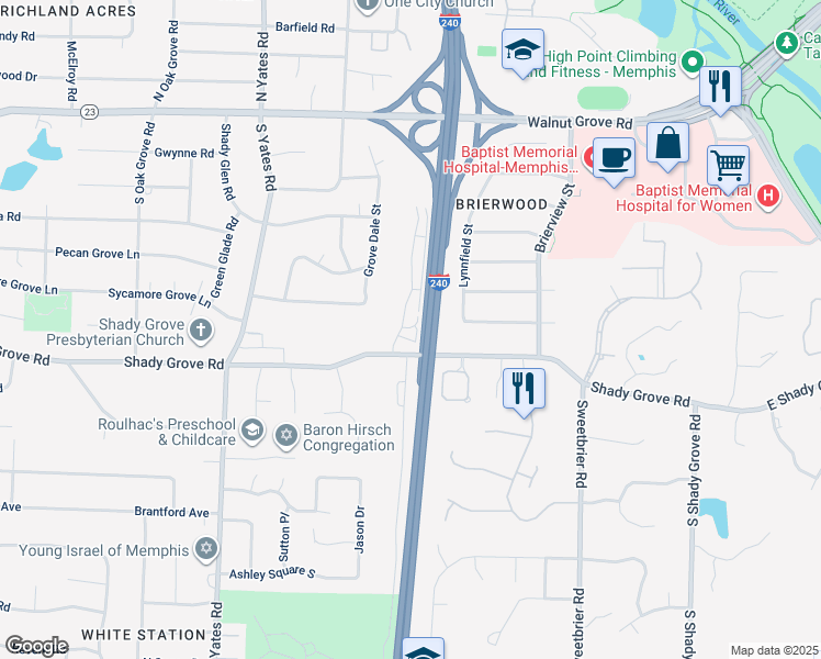 map of restaurants, bars, coffee shops, grocery stores, and more near 5756 Shady Grove Road in Memphis