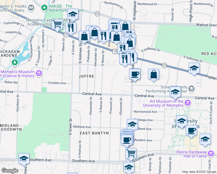 map of restaurants, bars, coffee shops, grocery stores, and more near 287 Windover Road in Memphis