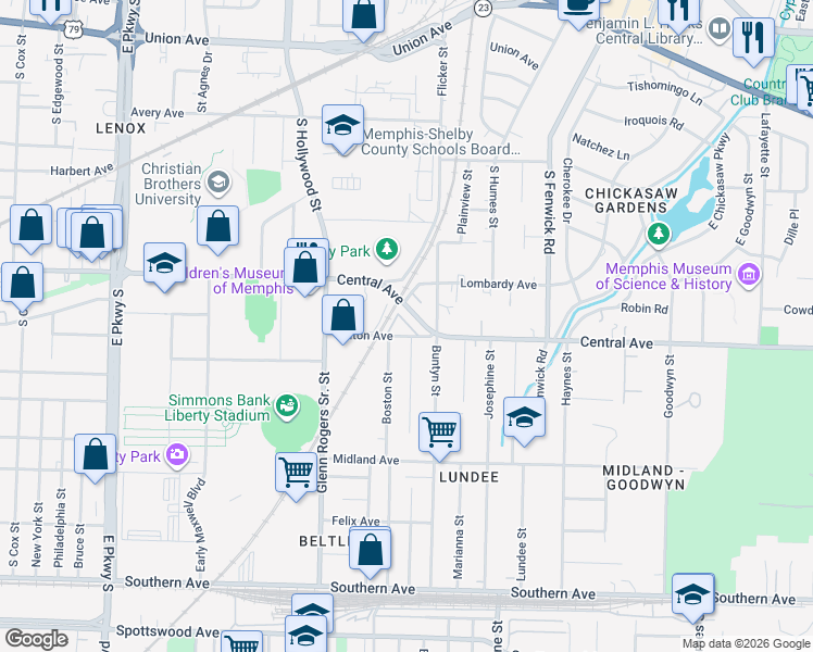 map of restaurants, bars, coffee shops, grocery stores, and more near 2685 Illinois Central Railroad in Memphis