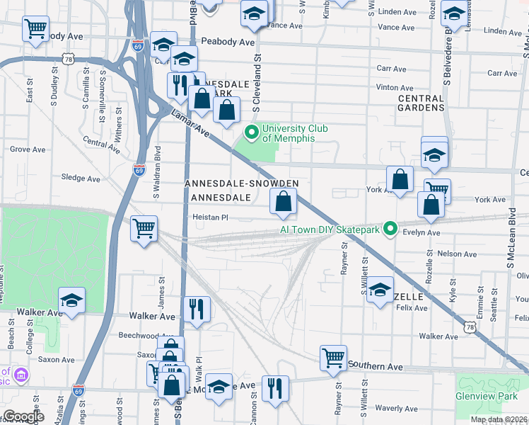 map of restaurants, bars, coffee shops, grocery stores, and more near 1369 Agnes Place in Memphis