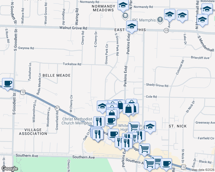 map of restaurants, bars, coffee shops, grocery stores, and more near 261 Wakefield Drive in Memphis