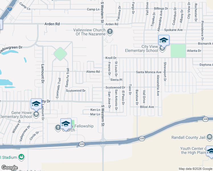 map of restaurants, bars, coffee shops, grocery stores, and more near 4102 Scotswood Drive in Amarillo