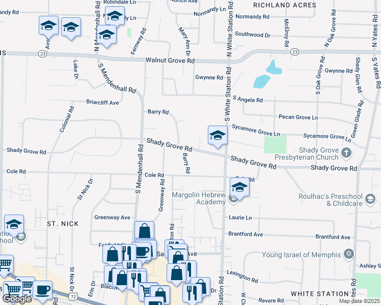 map of restaurants, bars, coffee shops, grocery stores, and more near 252 Barry Road in Memphis