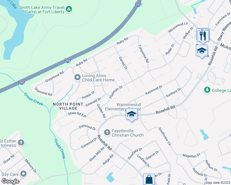 map of restaurants, bars, coffee shops, grocery stores, and more near 513 Platinum Street in Fayetteville