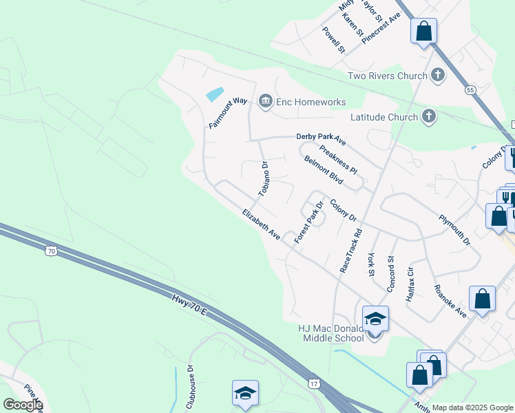 map of restaurants, bars, coffee shops, grocery stores, and more near 108 Tobiano Drive in New Bern
