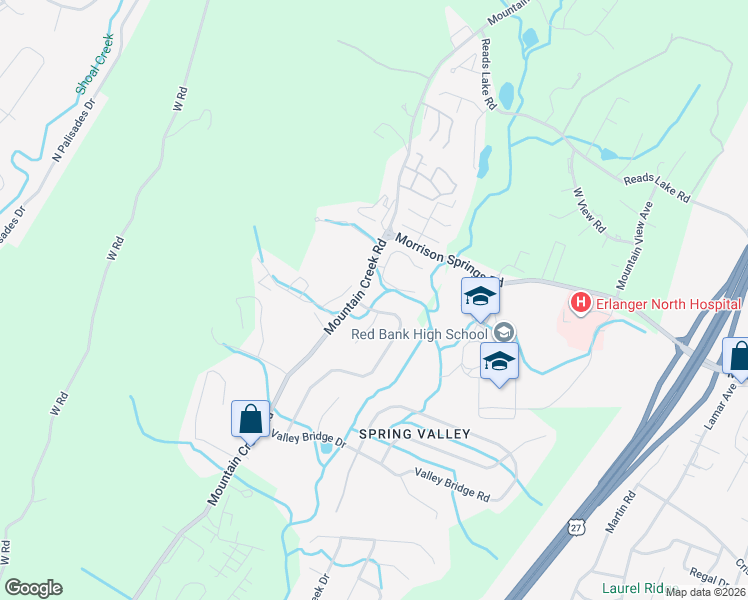 map of restaurants, bars, coffee shops, grocery stores, and more near 3562 Valley Trail in Chattanooga