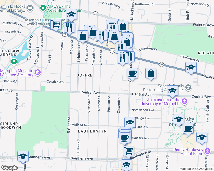 map of restaurants, bars, coffee shops, grocery stores, and more near 287 Windover Road in Memphis