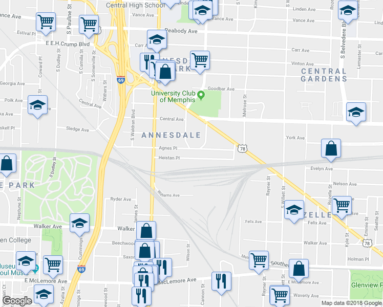 map of restaurants, bars, coffee shops, grocery stores, and more near 1317 Agnes Place in Memphis