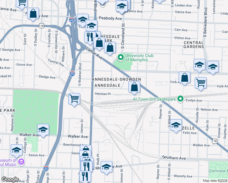 map of restaurants, bars, coffee shops, grocery stores, and more near 1317 Agnes Place in Memphis