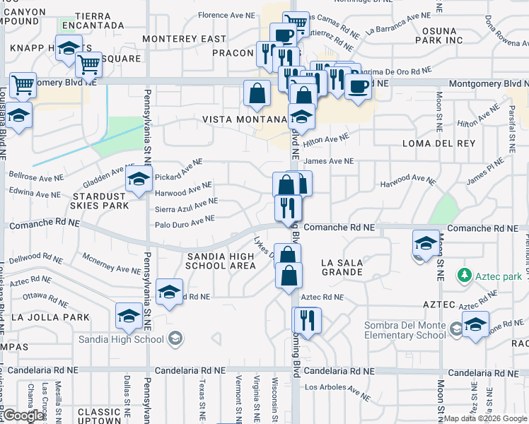 map of restaurants, bars, coffee shops, grocery stores, and more near 8333 Comanche Road Northeast in Albuquerque